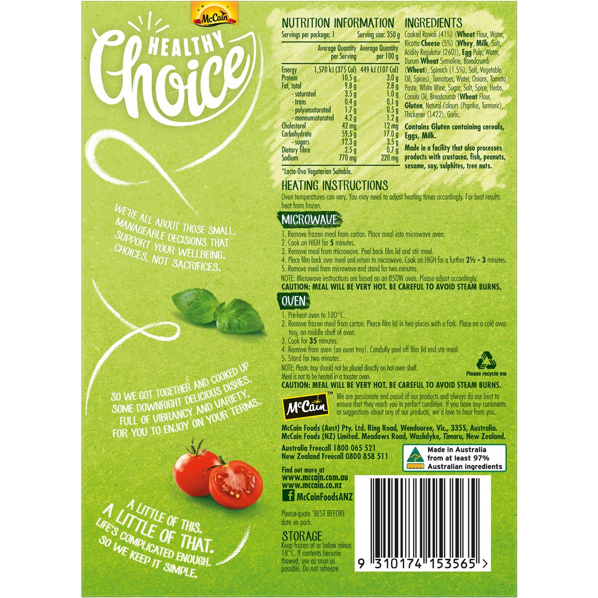 Mccain Spinach & Ricotta Ravioli Healthy Choice Frozen Meal 350g