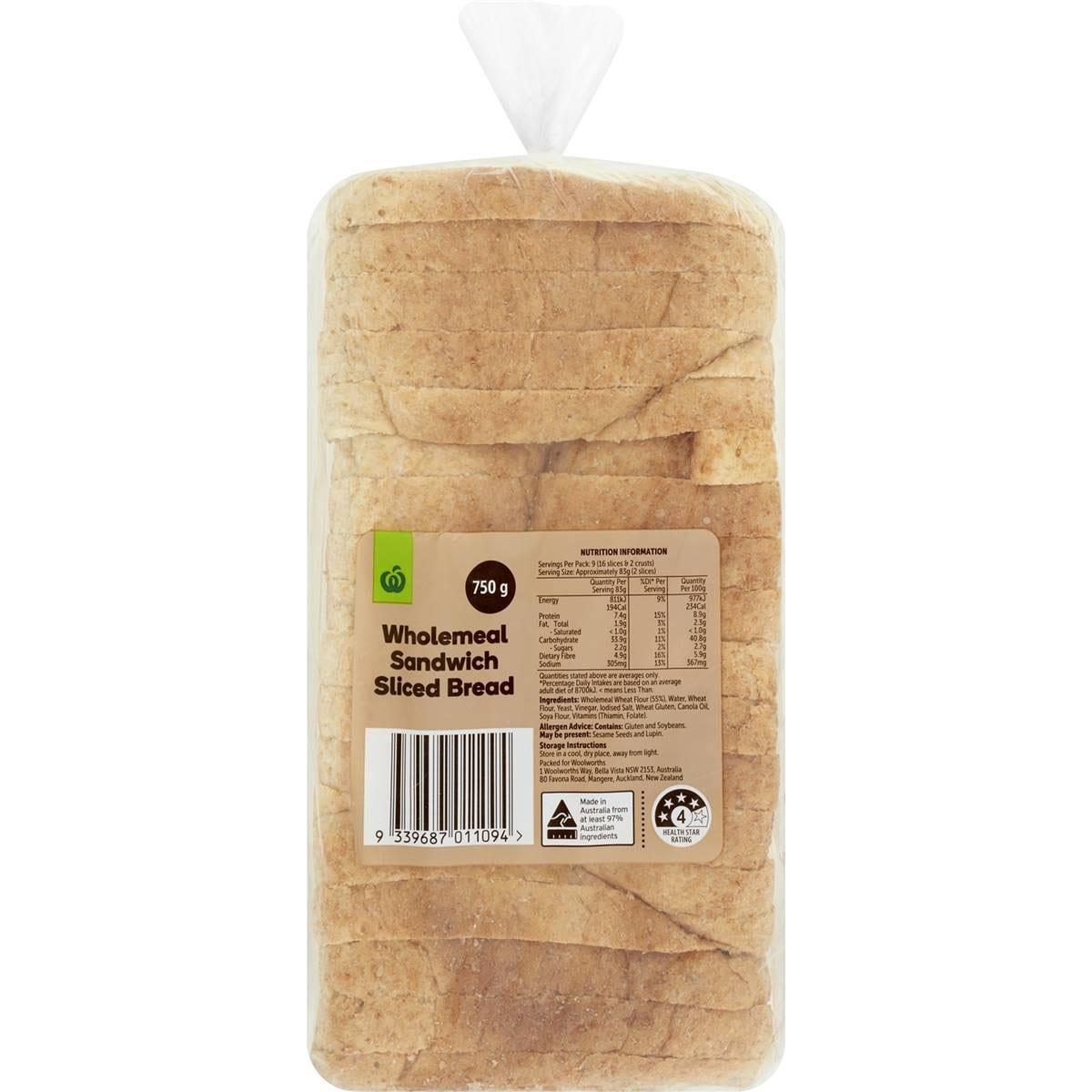 Woolworths Wholemeal Sandwich Sliced Bread 750g Woolworths