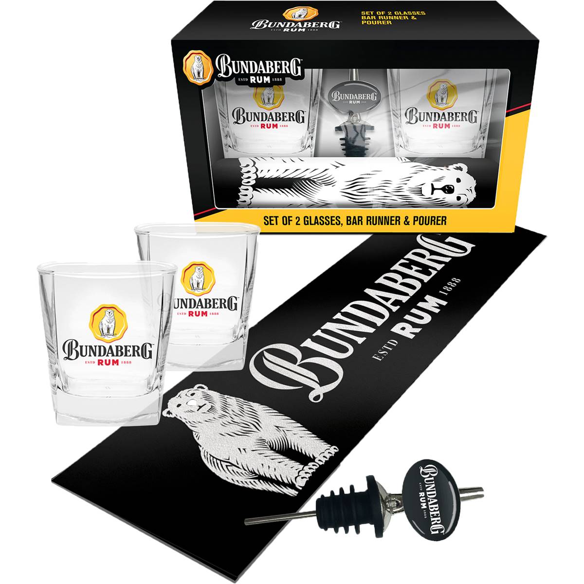 Bundaberg 2 Spirit Glass With Pourer & Bar Mat Gift Pack