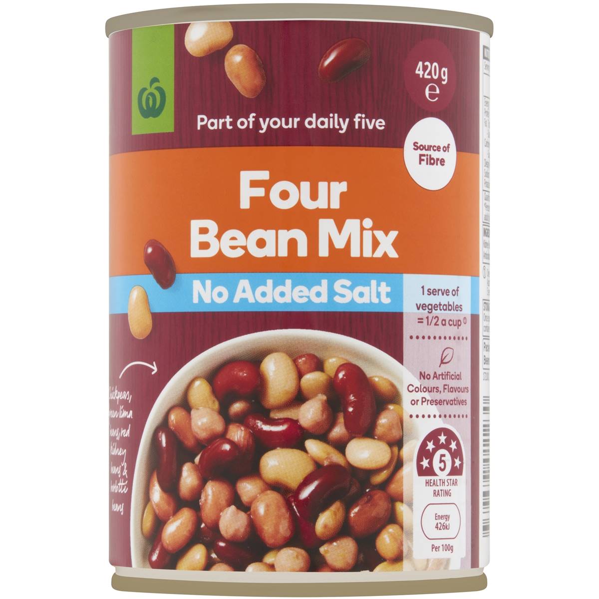 Woolworths four bean mix no added salt can 420g woolworths