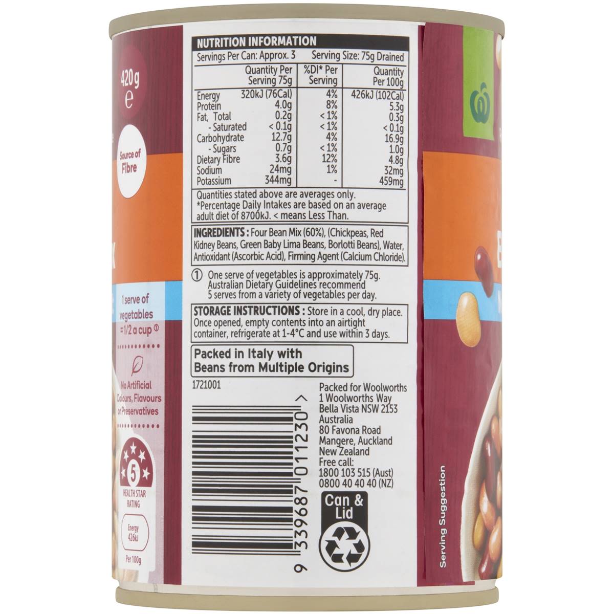 Woolworths Four Bean Mix No Added Salt Can 420g Woolworths