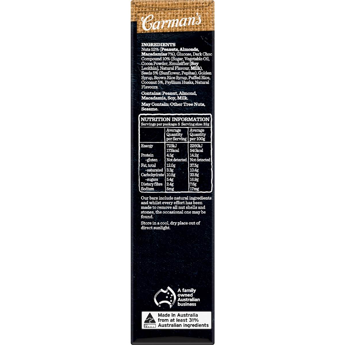 Carman's Nut Bars Dark Chocolate, Coconut & Macadamia 5 Pack Woolworths