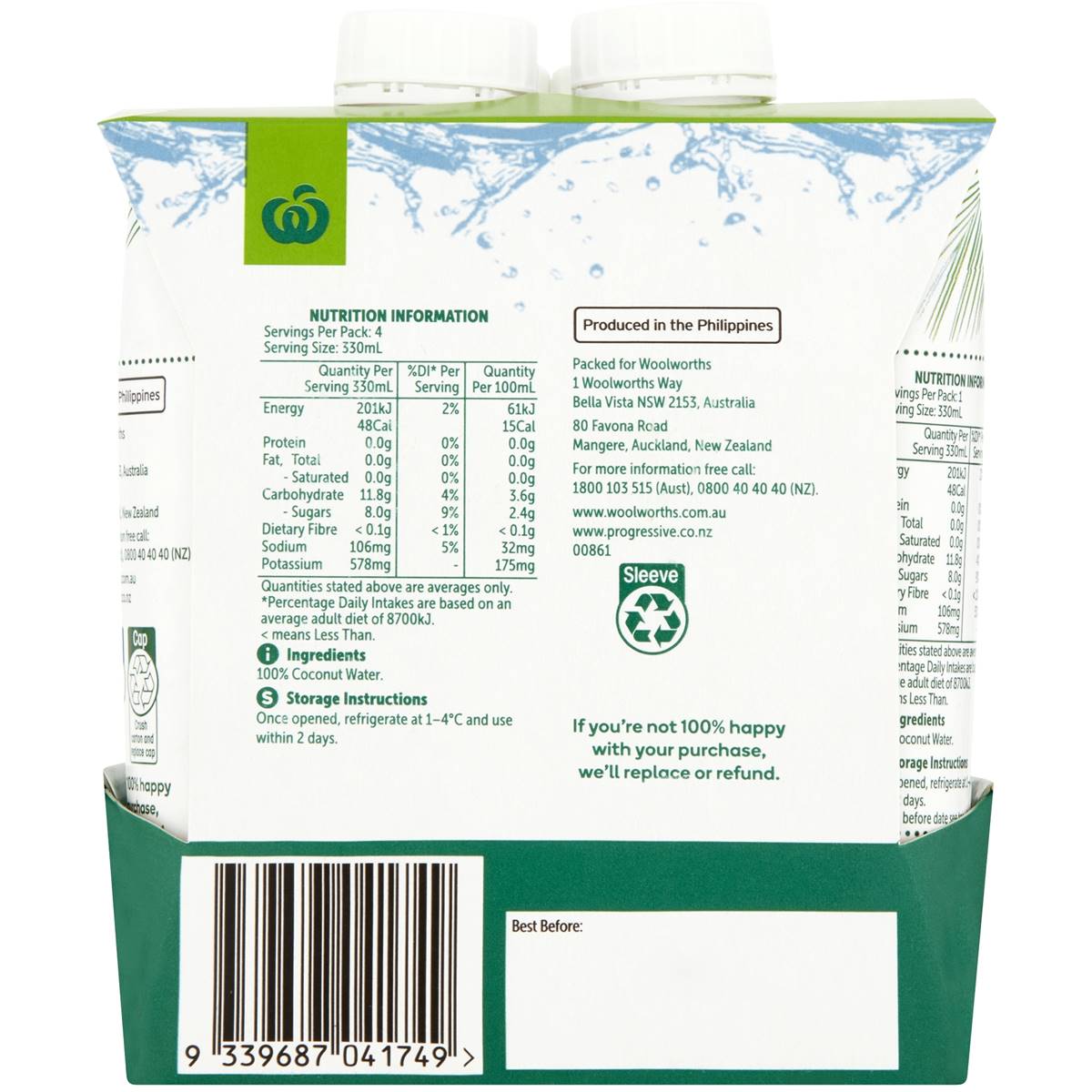 Woolworths Pure Coconut Water 4 Pack Woolworths