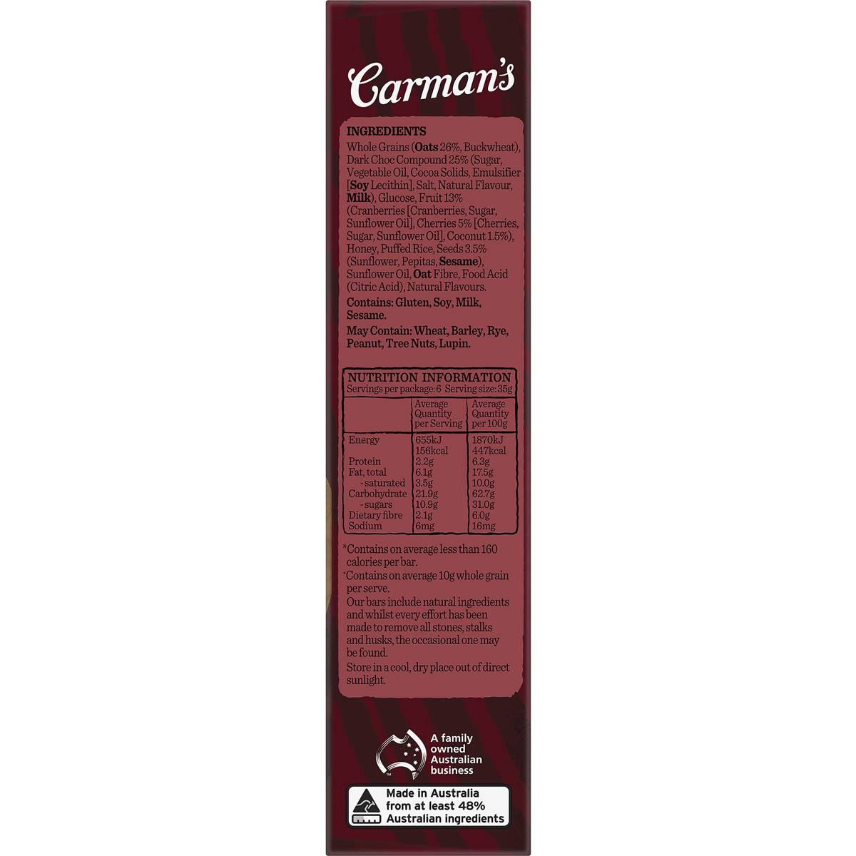 Carman's Dark Choc Cherry Coconut Bar 210g | Woolworths