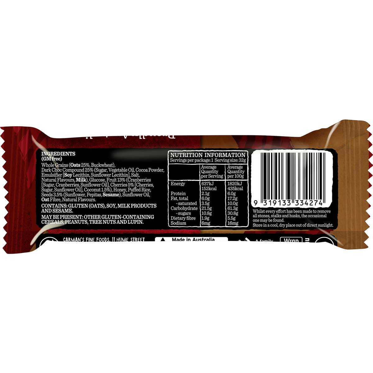 Carman's Dark Choc Cherry Coconut Bar 210g | Woolworths