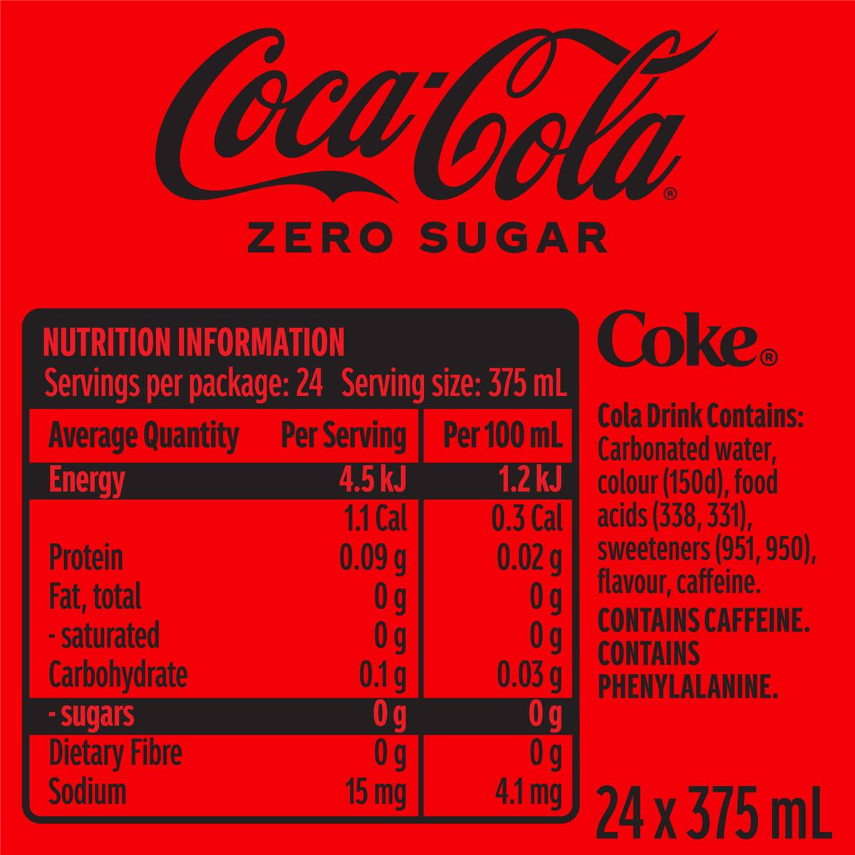 Coca - Cola Zero Sugar Soft Drink Multipack Cans 24 X 375ml | Woolworths