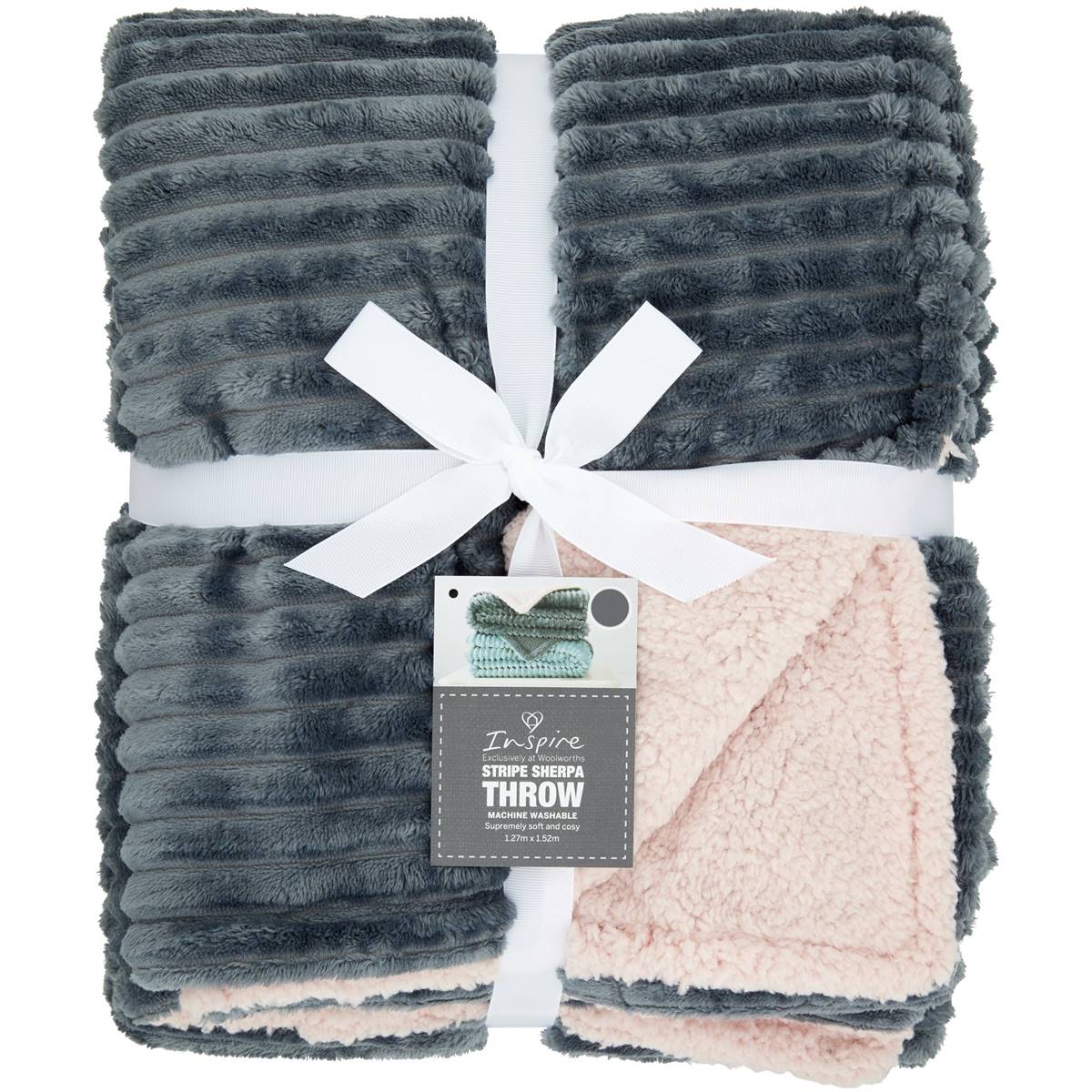 Inspire Fleece Stripe Sherpa Throw Grey & Rose Each Woolworths