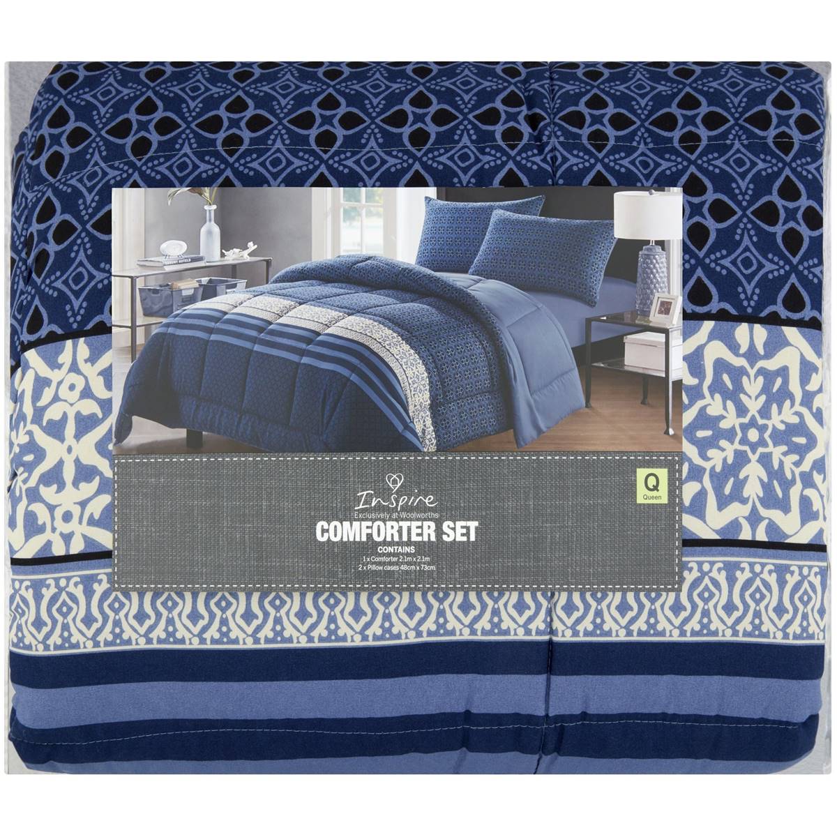 Inspire Comforter Set Queen Bed Navy Design Each | Woolworths