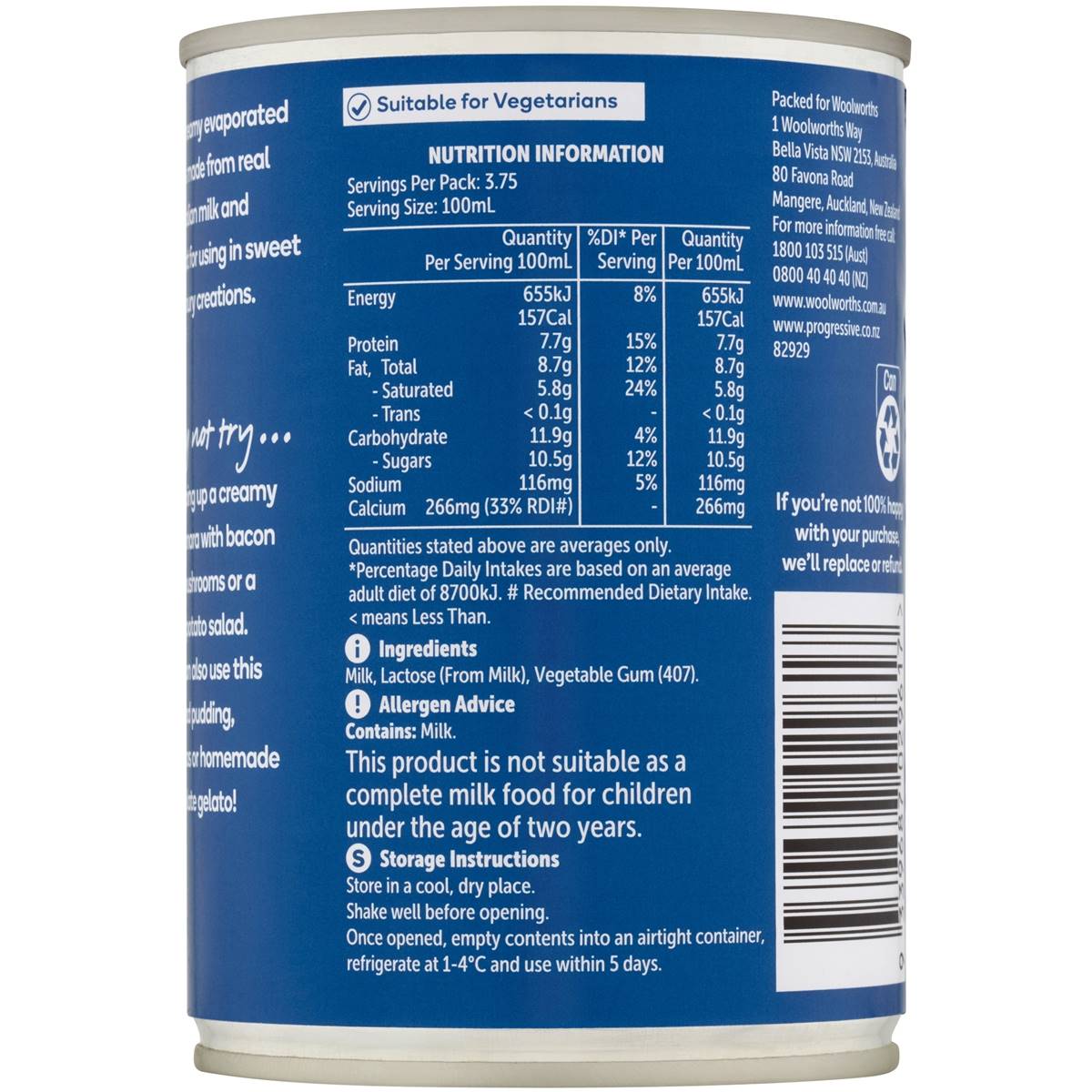 Woolworths Evaporated Milk 375ml Woolworths   675033 2 