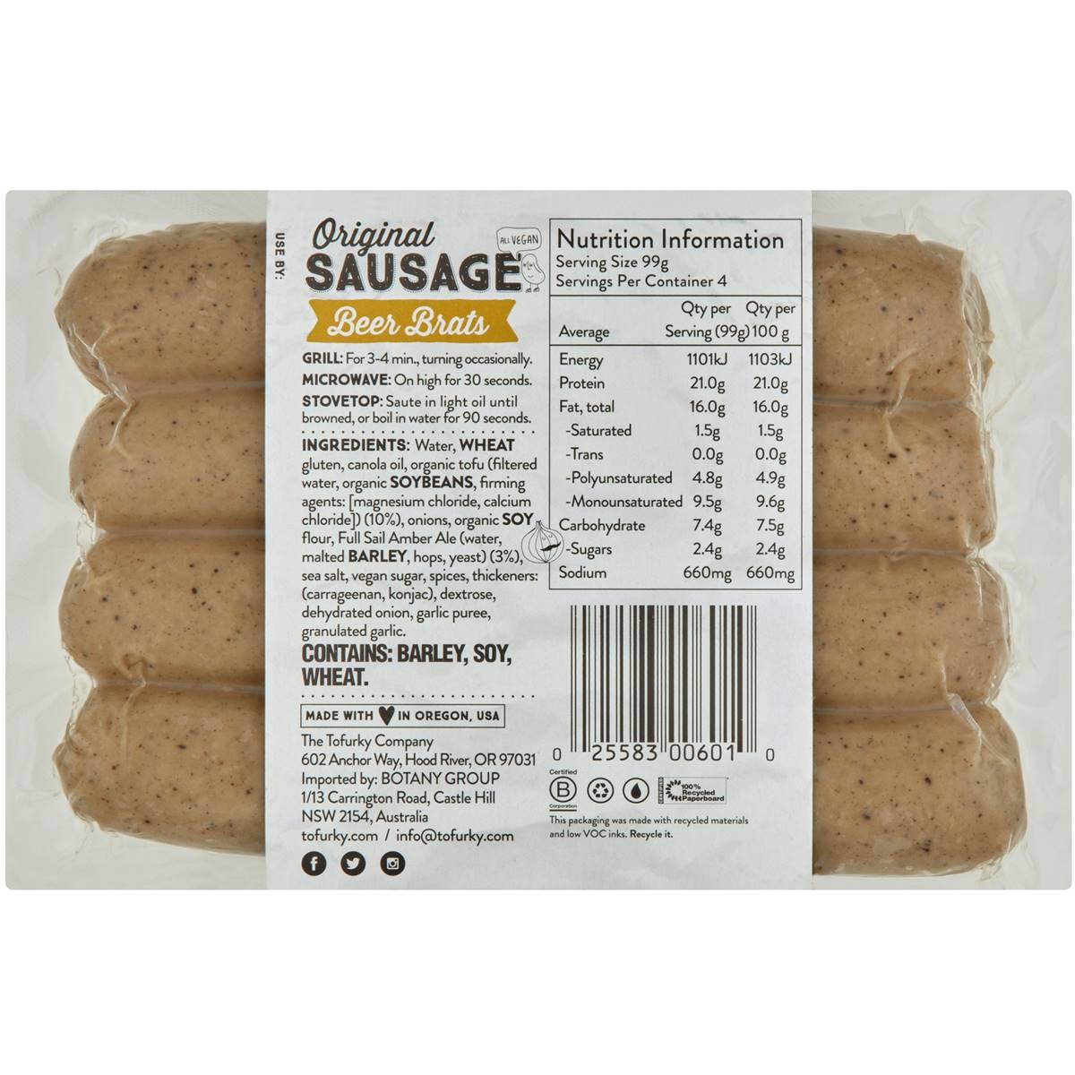Tofurky Beer Brat Style Sausage 397g Woolworths