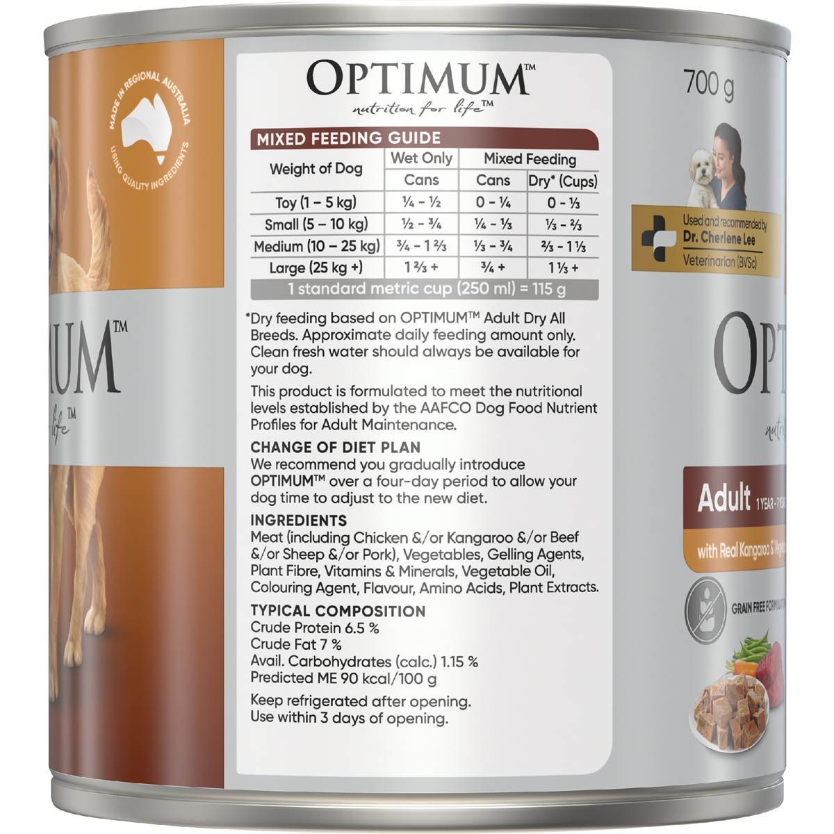 Optimum Grain Free Kangaroo & Vegetables Wet Dog Food Can 700g Woolworths