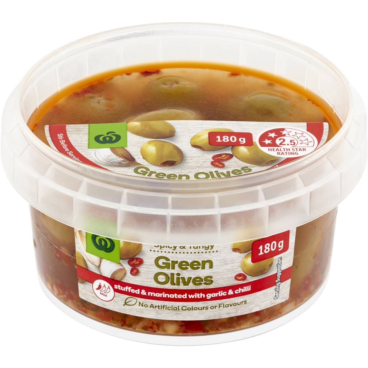 Woolworths Green Olives Chilli & Garlic 180g Woolworths