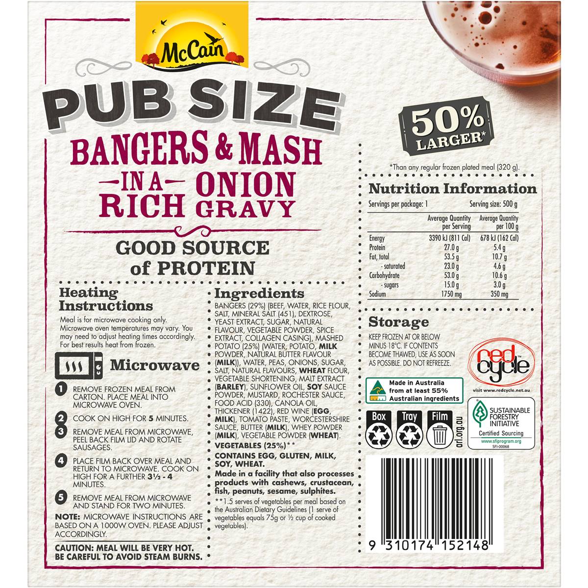 Mccain Pub Size Bangers & Mash Frozen Meal 500g Woolworths