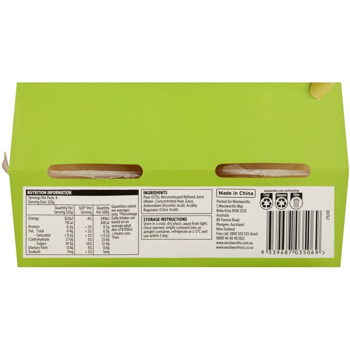 Woolworths Pear In Juice Cups 4 Pack Woolworths