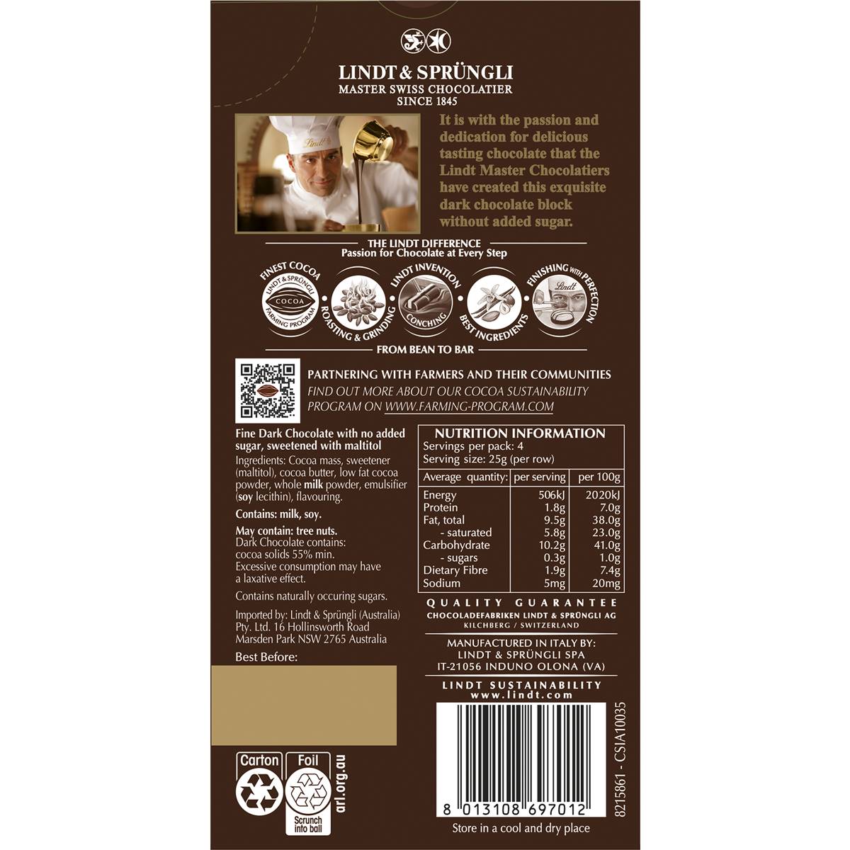Lindt No Sugar Added Dark Chocolate Block 100g Woolworths