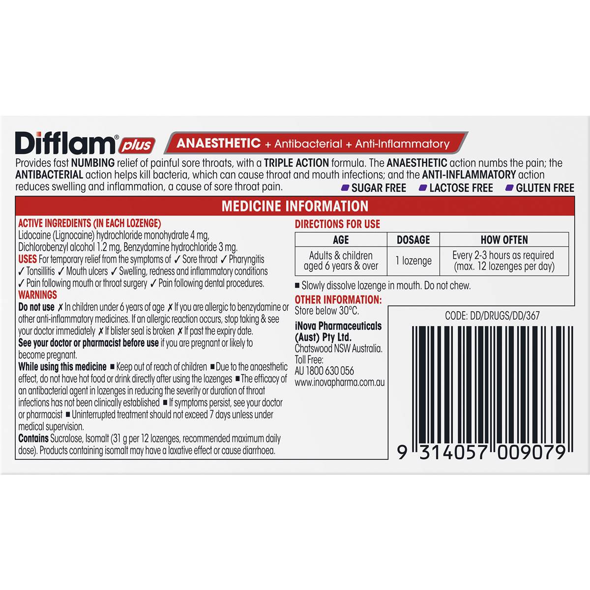 Difflam Plus Sore Throat Lozenges Blackcurrant Anaesthetic Pack Woolworths