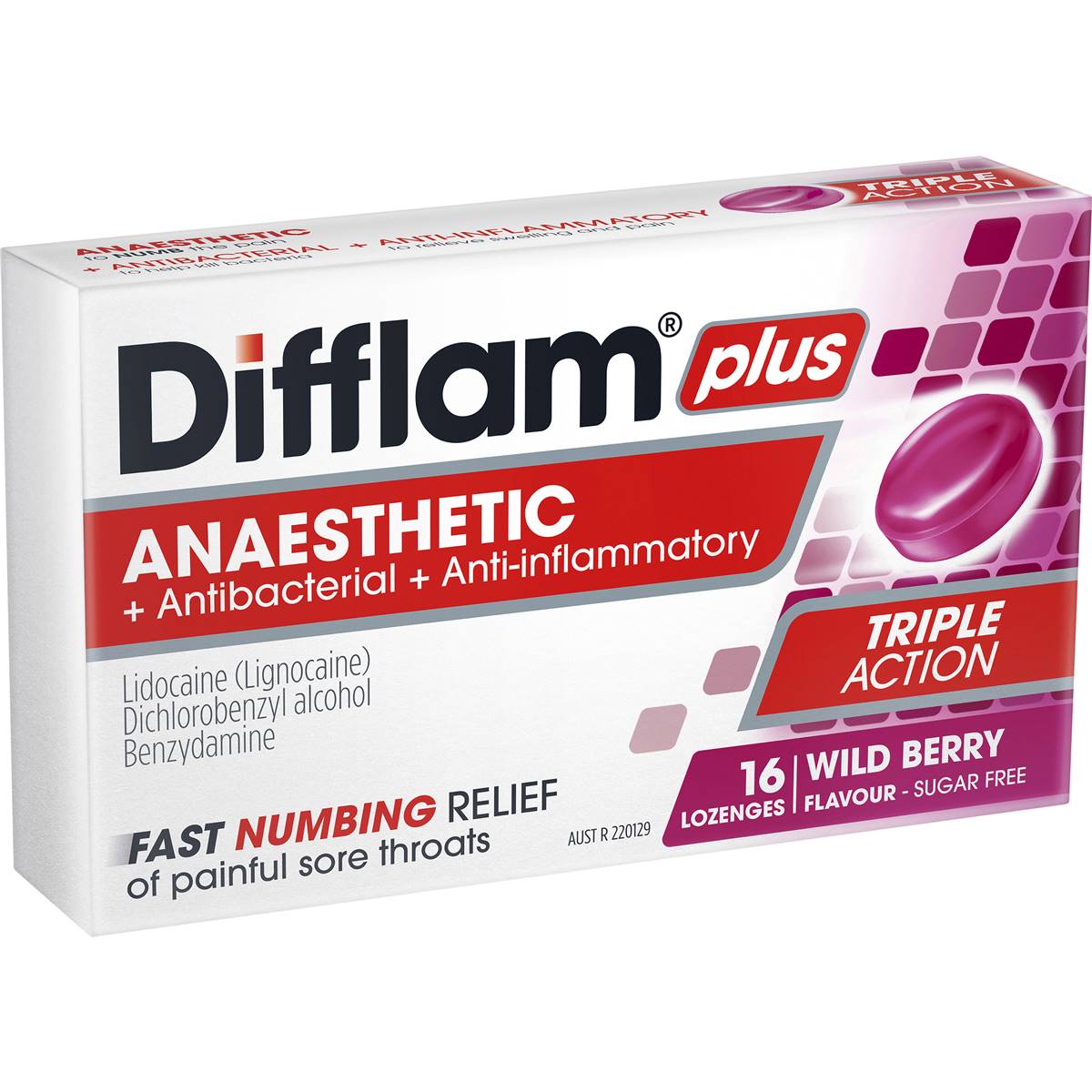 Difflam Plus Sore Throat Lozenges + Anaesthetic Berry 16 Pack Woolworths