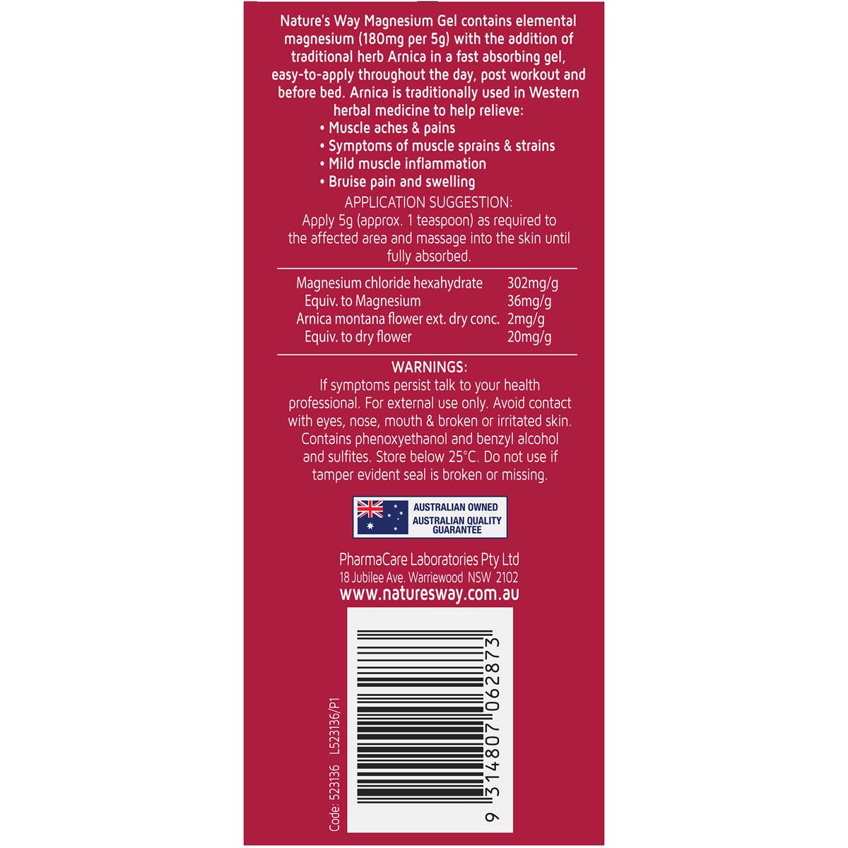 Nature's Way Magnesium Gel + Arnica Muscles And Pain 100g Woolworths