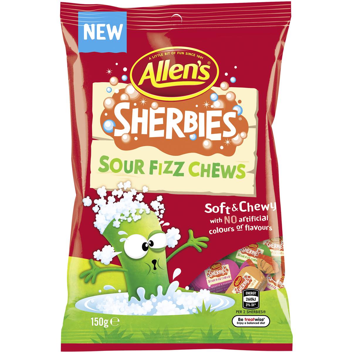 Allen's Sherbies Sour Fizz Chews Lolly