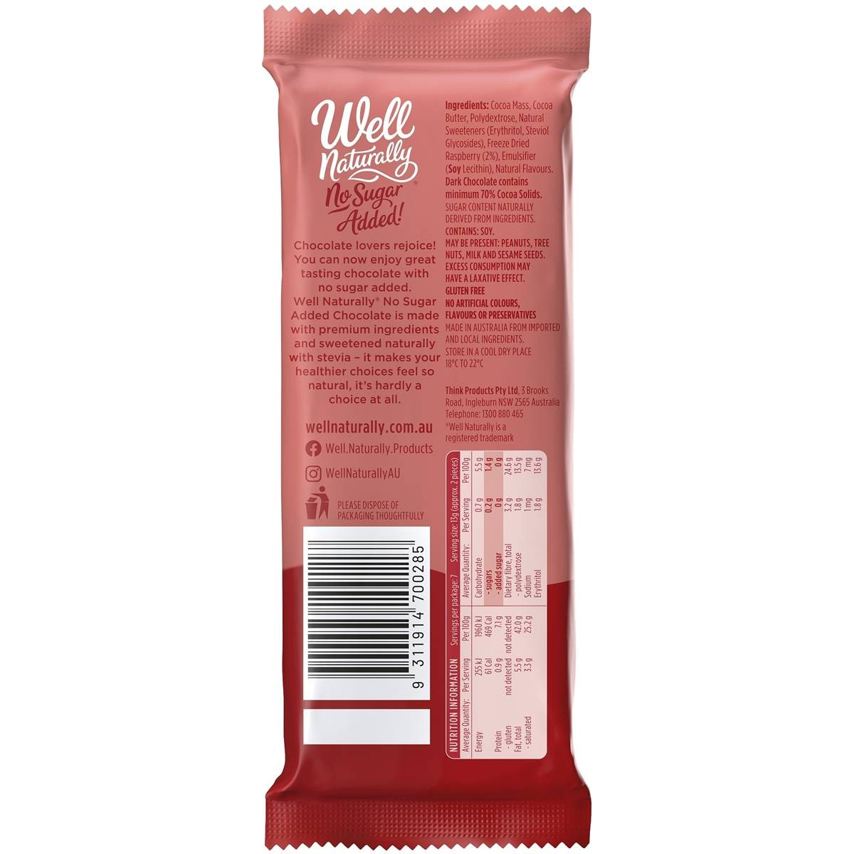 Well Naturally No Sugar Added Dark Choc Raspberry 90g | Woolworths