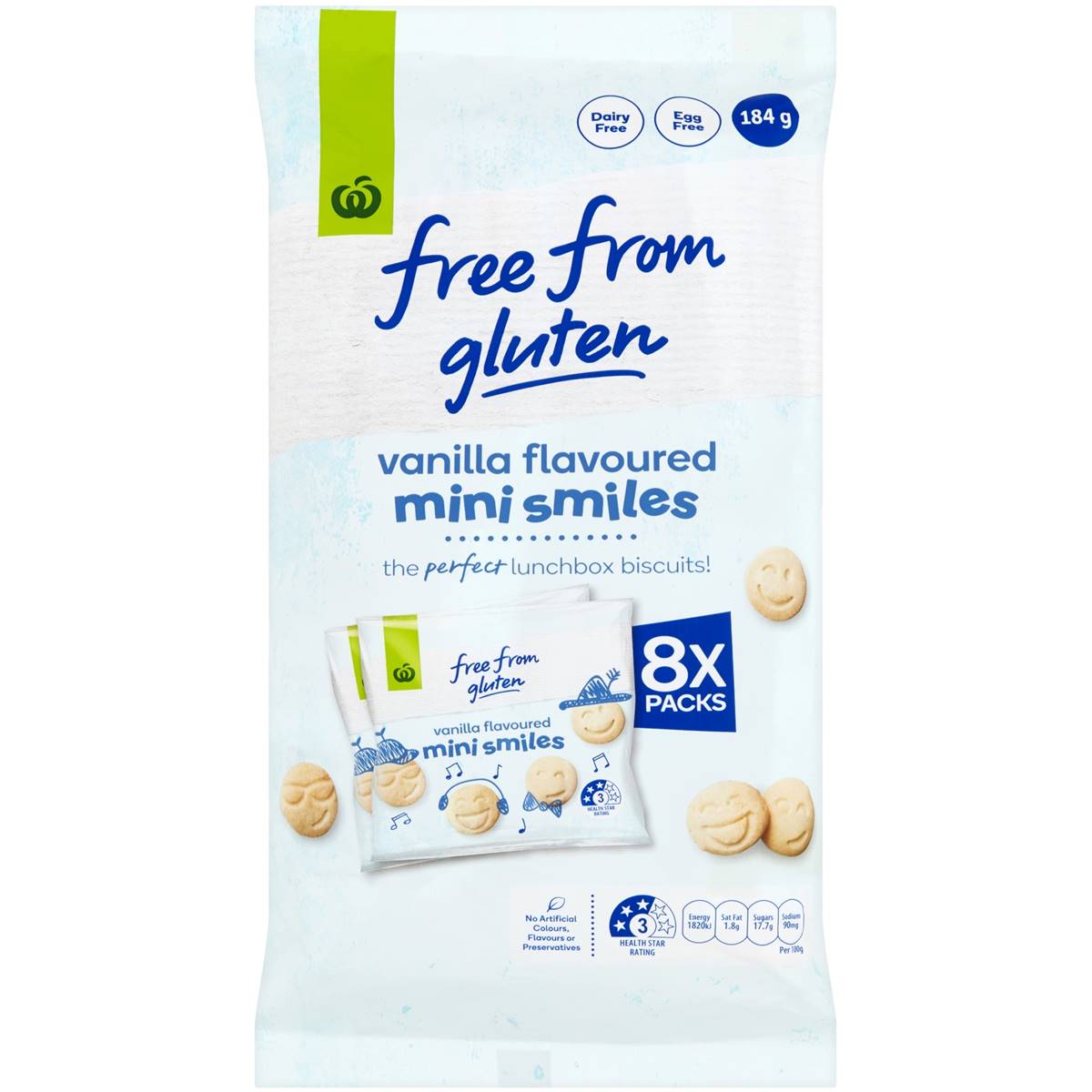 Woolworths Free From Gluten Vanilla Mini Smiles 8 Pack | Woolworths
