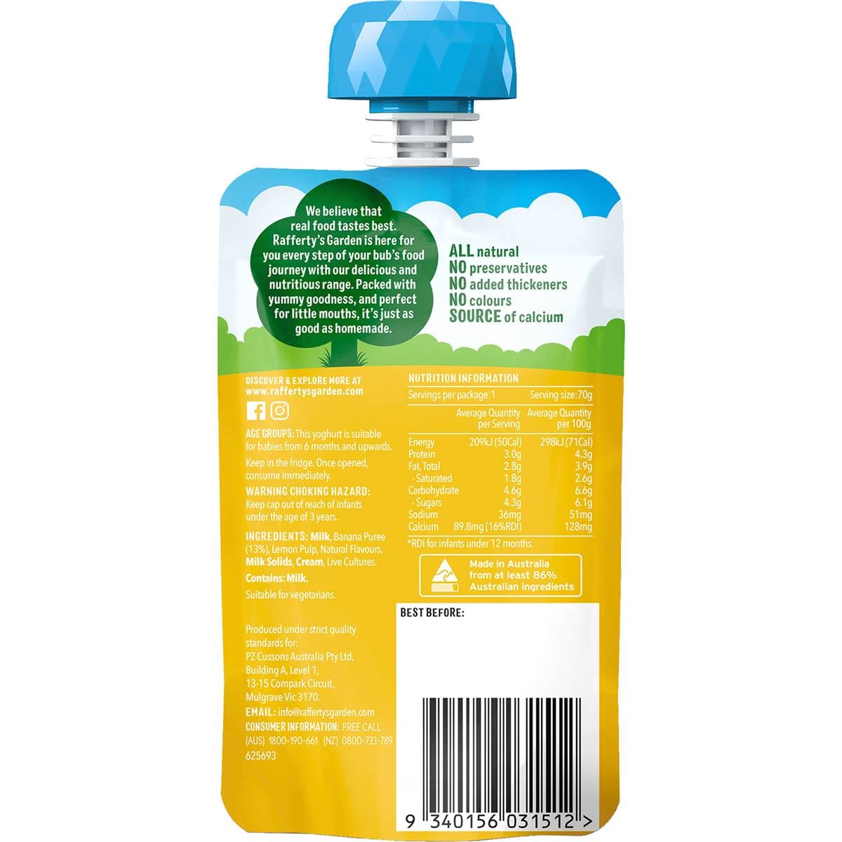 Rafferty's Garden Baby Food No Added Sugar Banana Yoghurt 6+ Months 70g