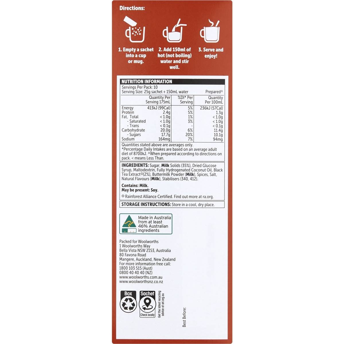 Woolworths Chai Latte Sachets 10 Pack Woolworths