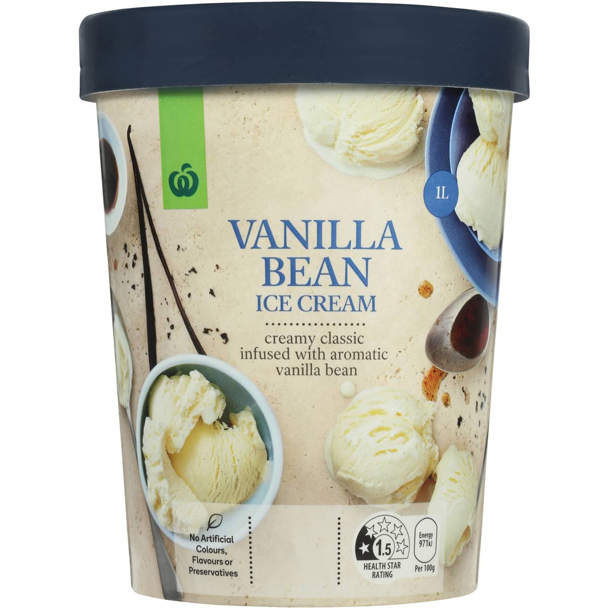 Woolworths Ice Cream Vanilla Bean 1l tub | Woolworths