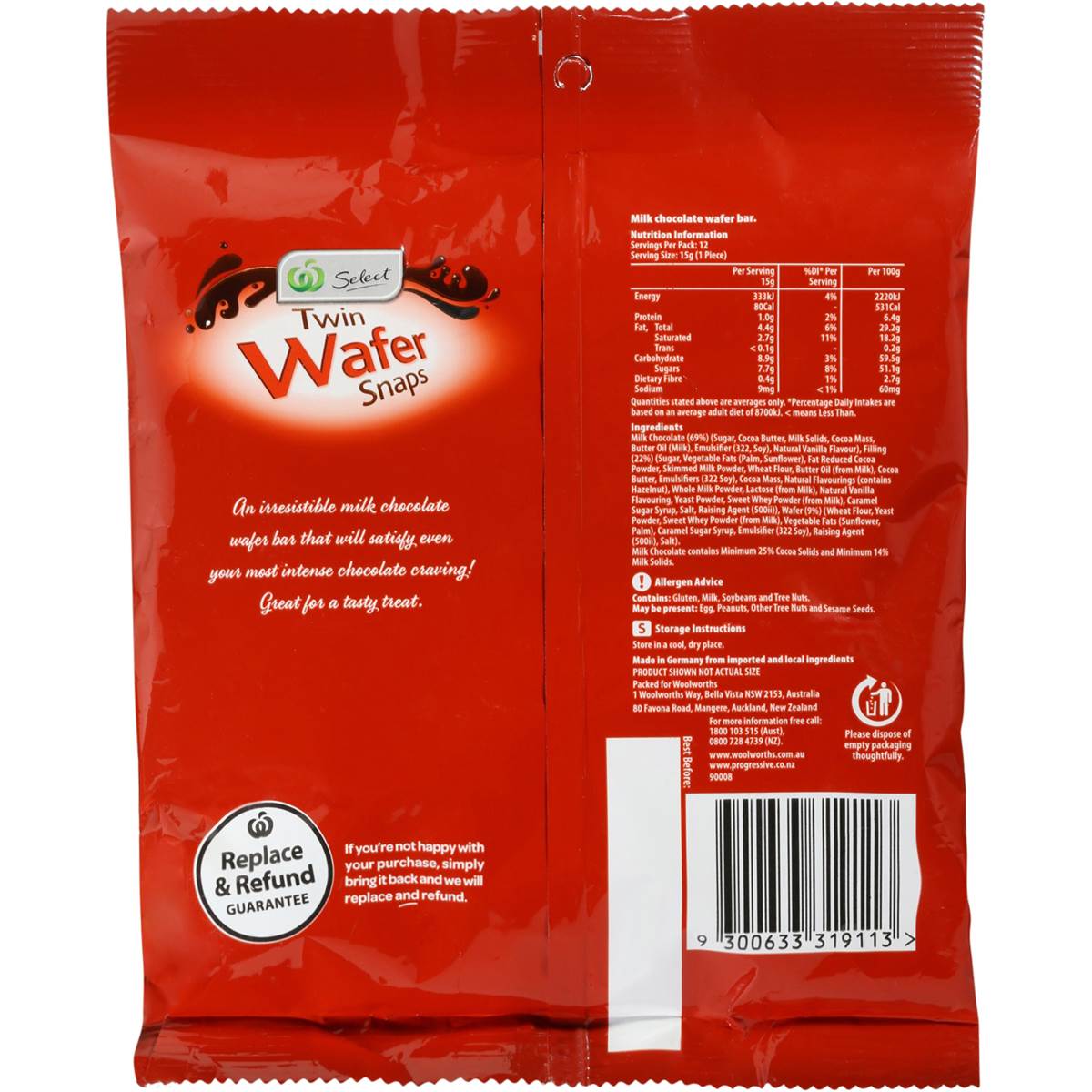 Woolworths Select Twin Wafer Snaps Sharepack 12pk 180g Woolworths