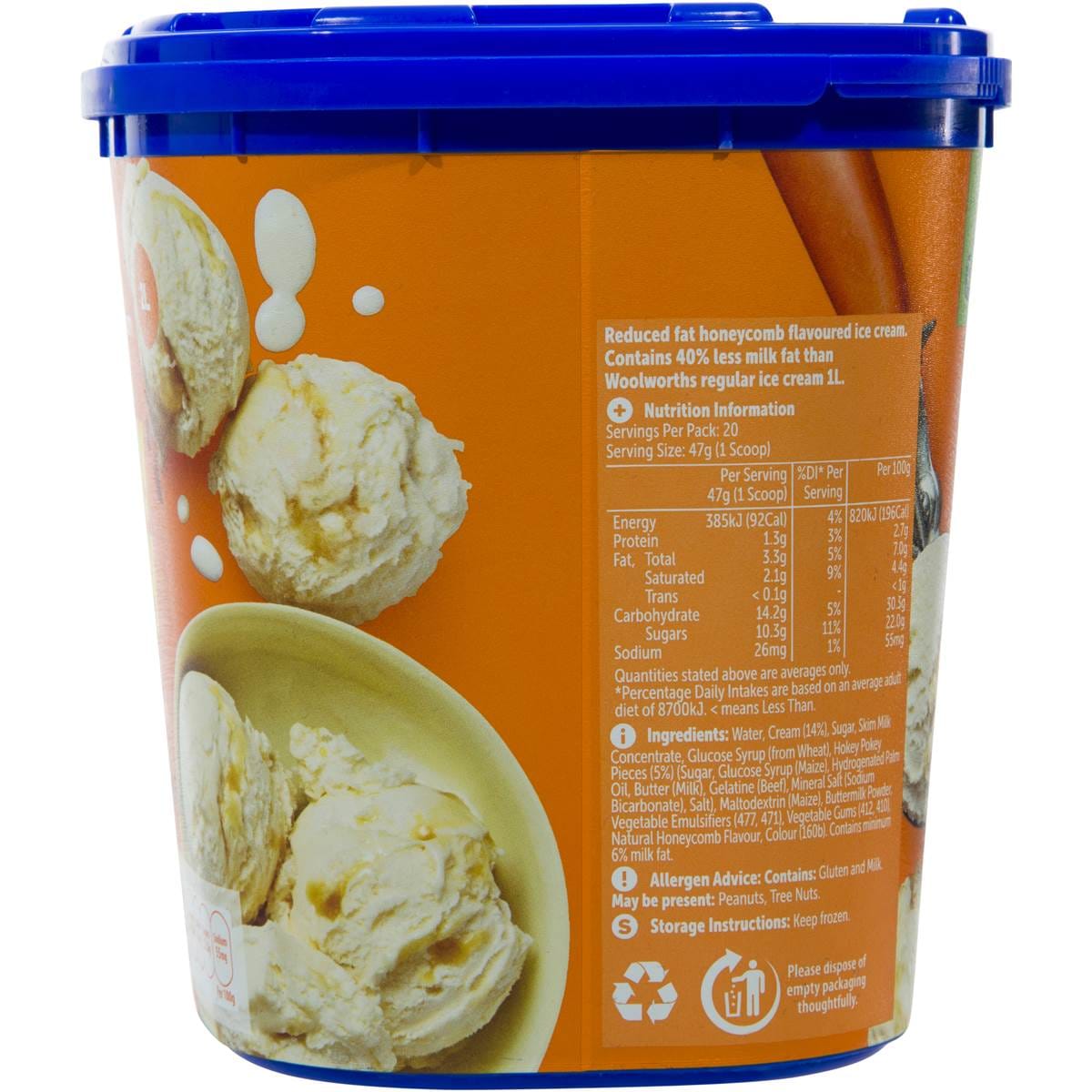 Woolworths Reduced Fat Ice Cream Hokey Pokey 2l tub Woolworths