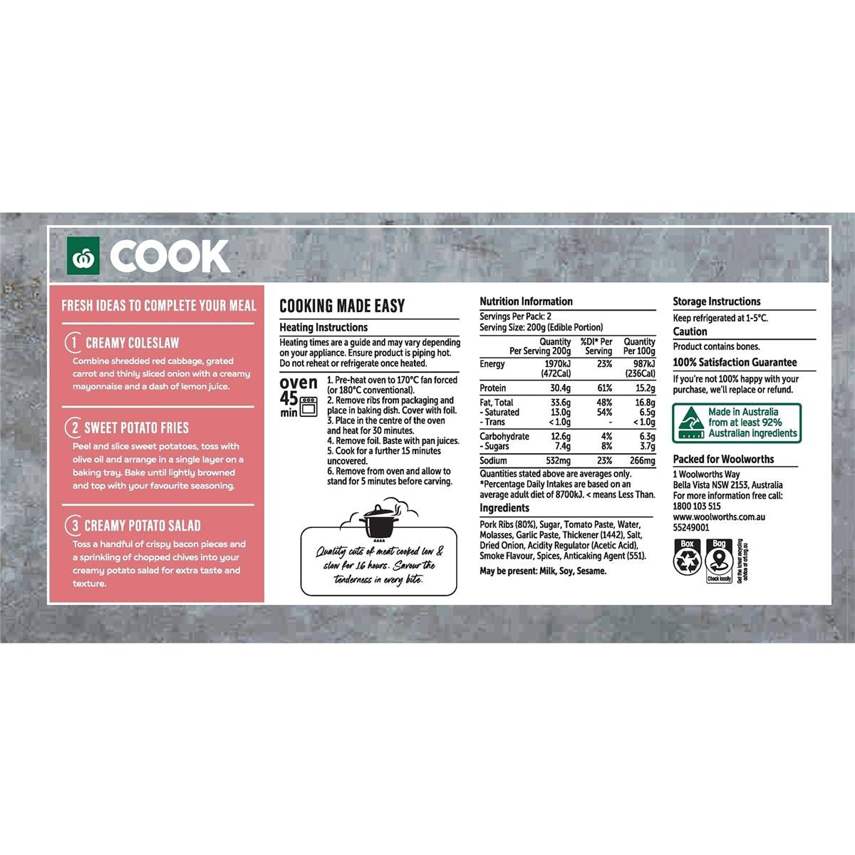 Woolworths Cook Slow Cooked Pork Ribs In Smokey Bbq Sauce 650g Woolworths