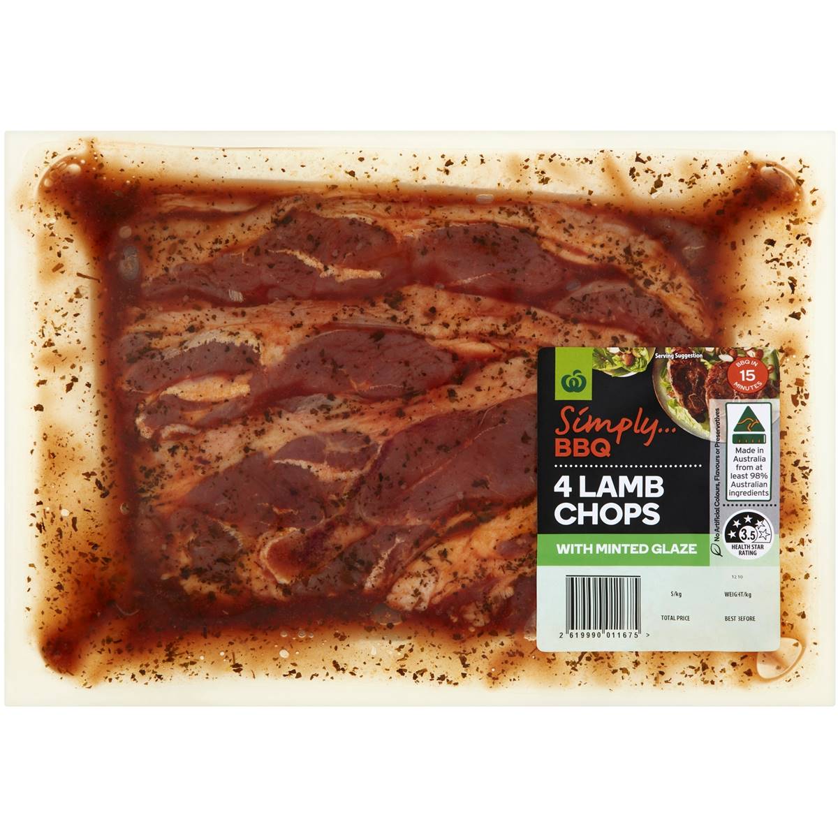 Woolworths Simply Bbq 4 Lamb Chops With Minted Glaze 650g 1.2kg