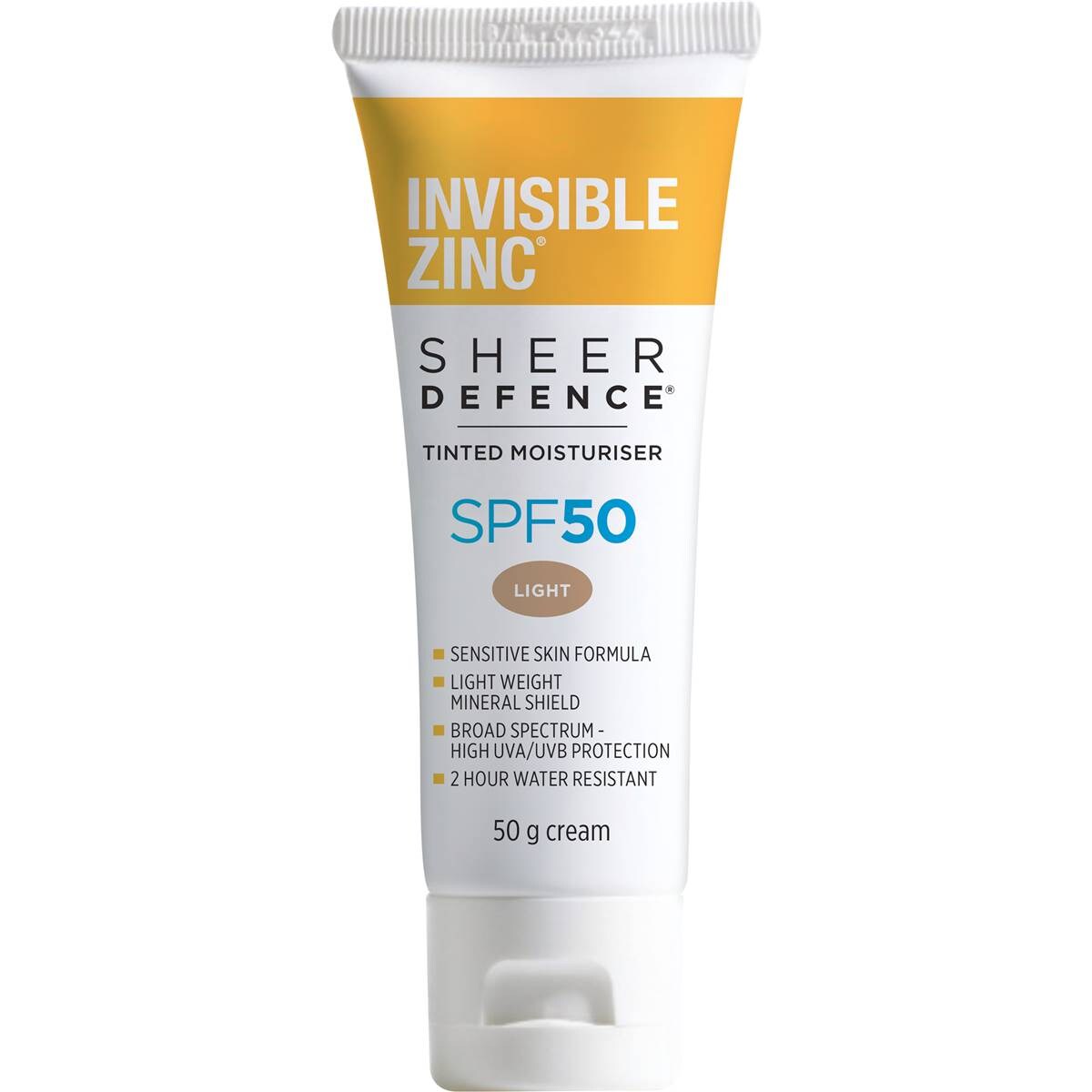 Invisible Zinc Sheer Defence Spf 50 Tinted Moisturiser Sunscreen Light 50g Woolworths