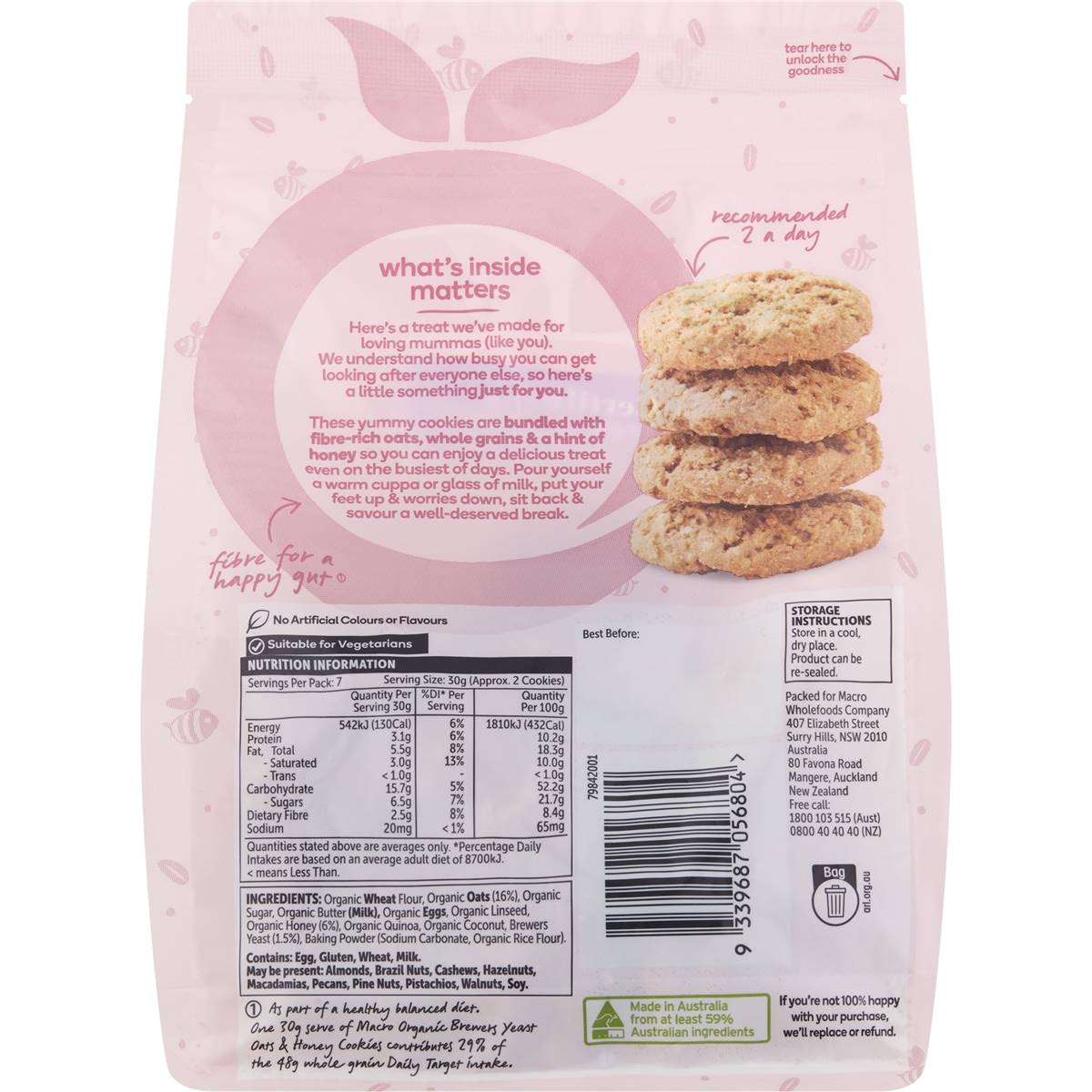 Macro Organic Brewers Yeast Cookies Oat & Honey 210g Woolworths