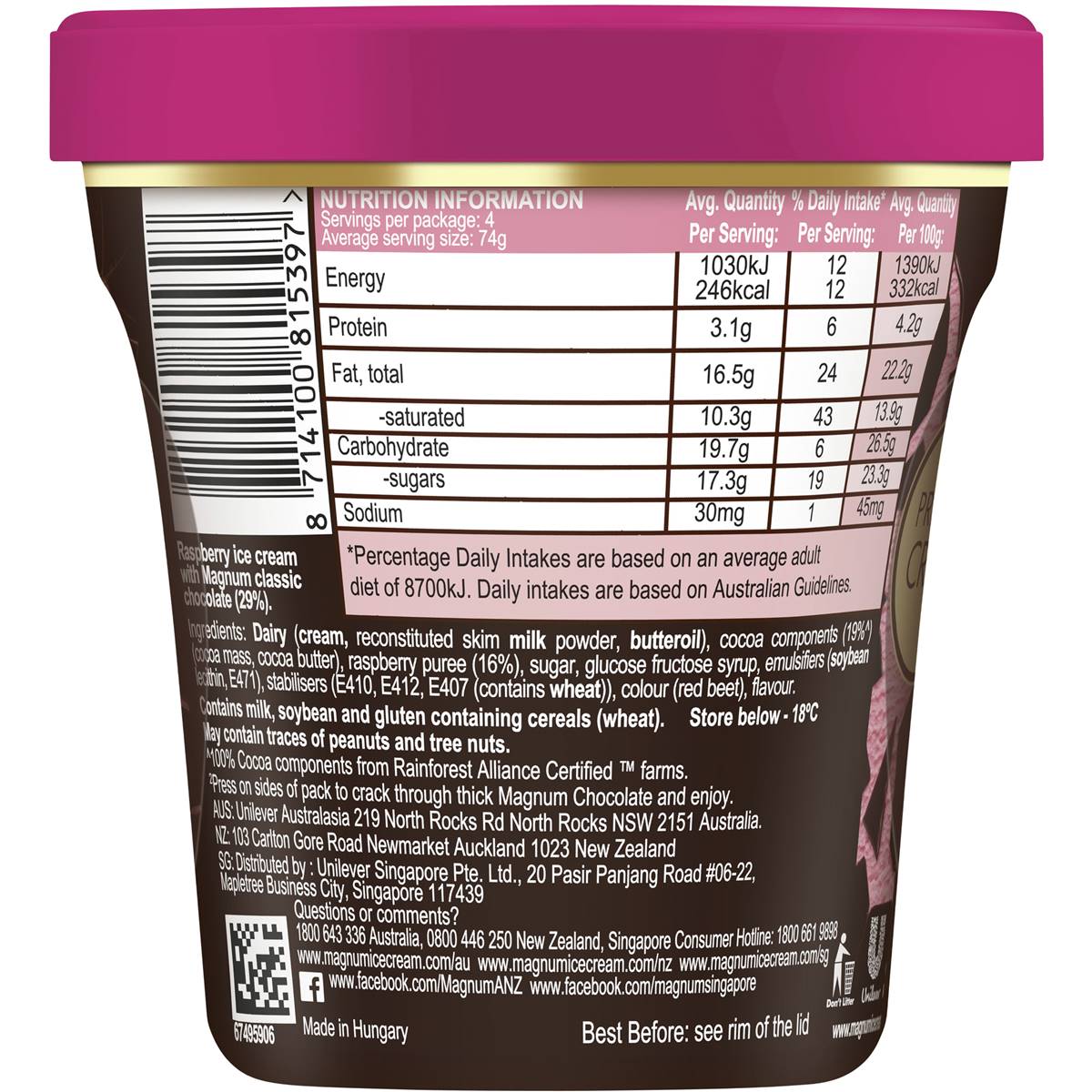 Magnum Tub Ice Cream Dark Chocolate Raspberry 440ml Woolworths