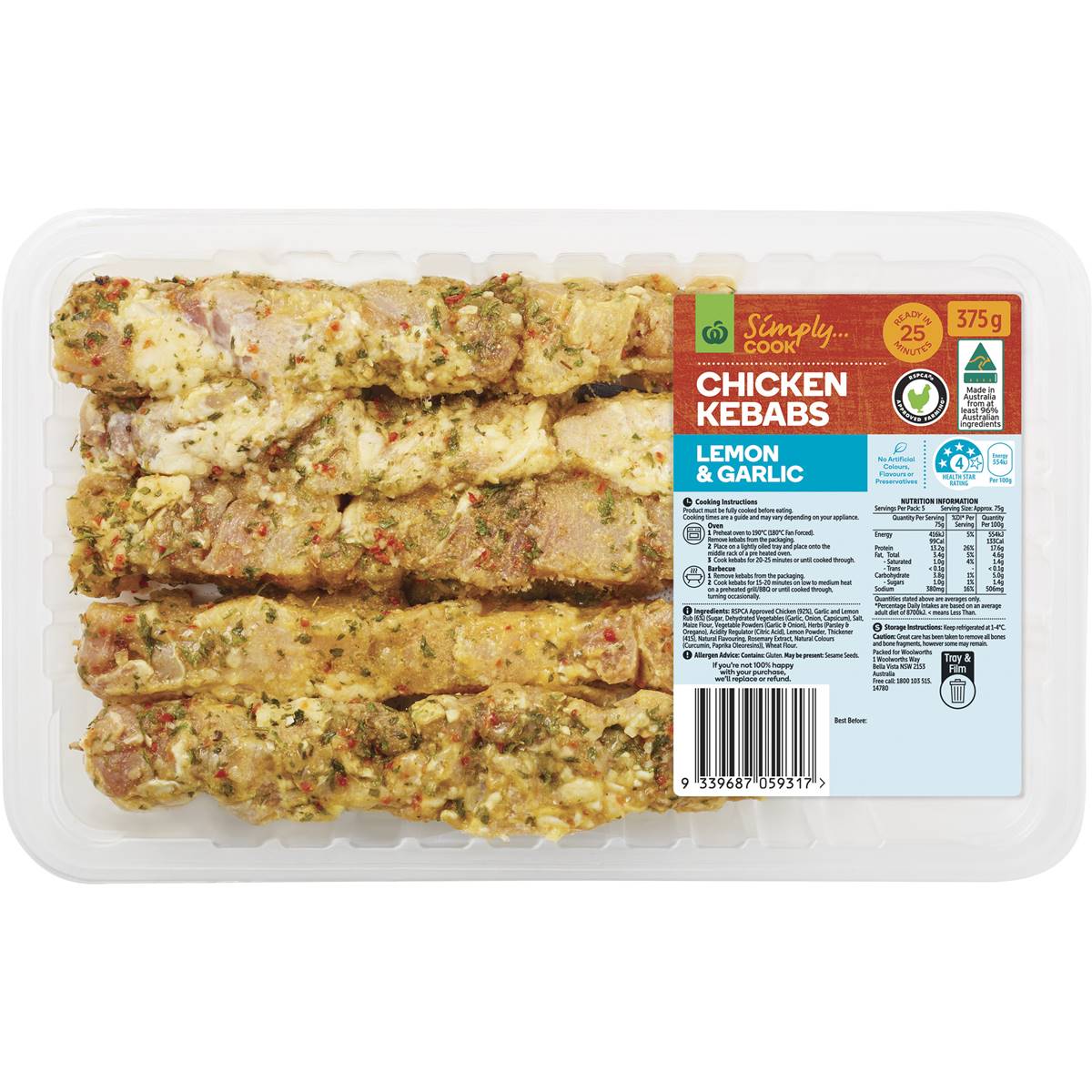 Woolworths Chicken Kebabs Lemon & Garlic 375g Woolworths