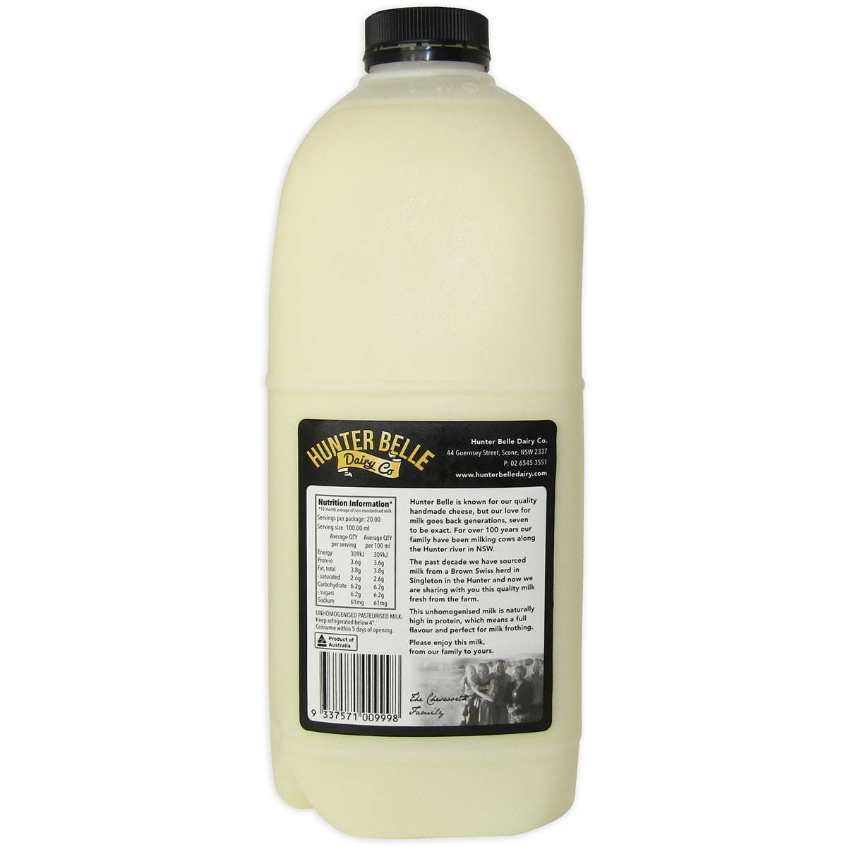 Hunter Belle Full Cream Milk Unhomogenised 2l Woolworths