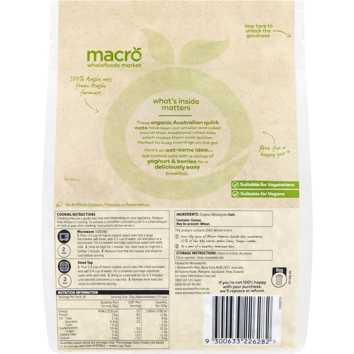 Macro Organic Quick Oats 500g Woolworths