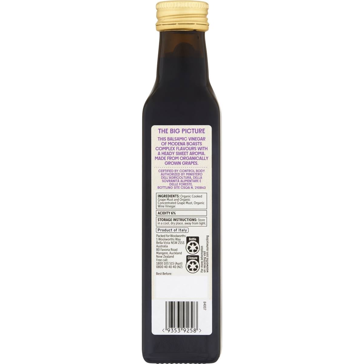 Macro Organic Vinegar Balsamic 4 Leaf 250ml Woolworths