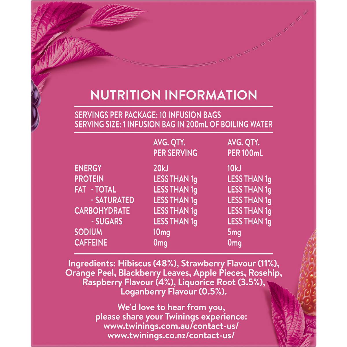 Twinings Strawberry, Raspberry & Loganberry Tea Bags 10 Pack Woolworths