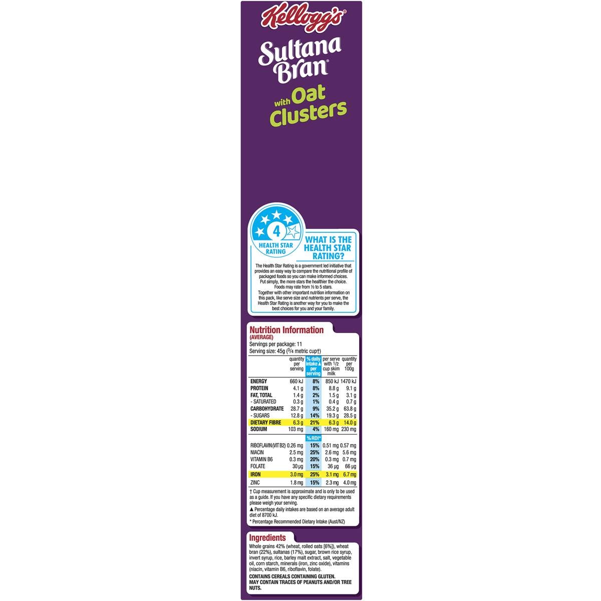 Kellogg's Sultana Bran Fibre Cereal With Oat Clusters 500g Woolworths