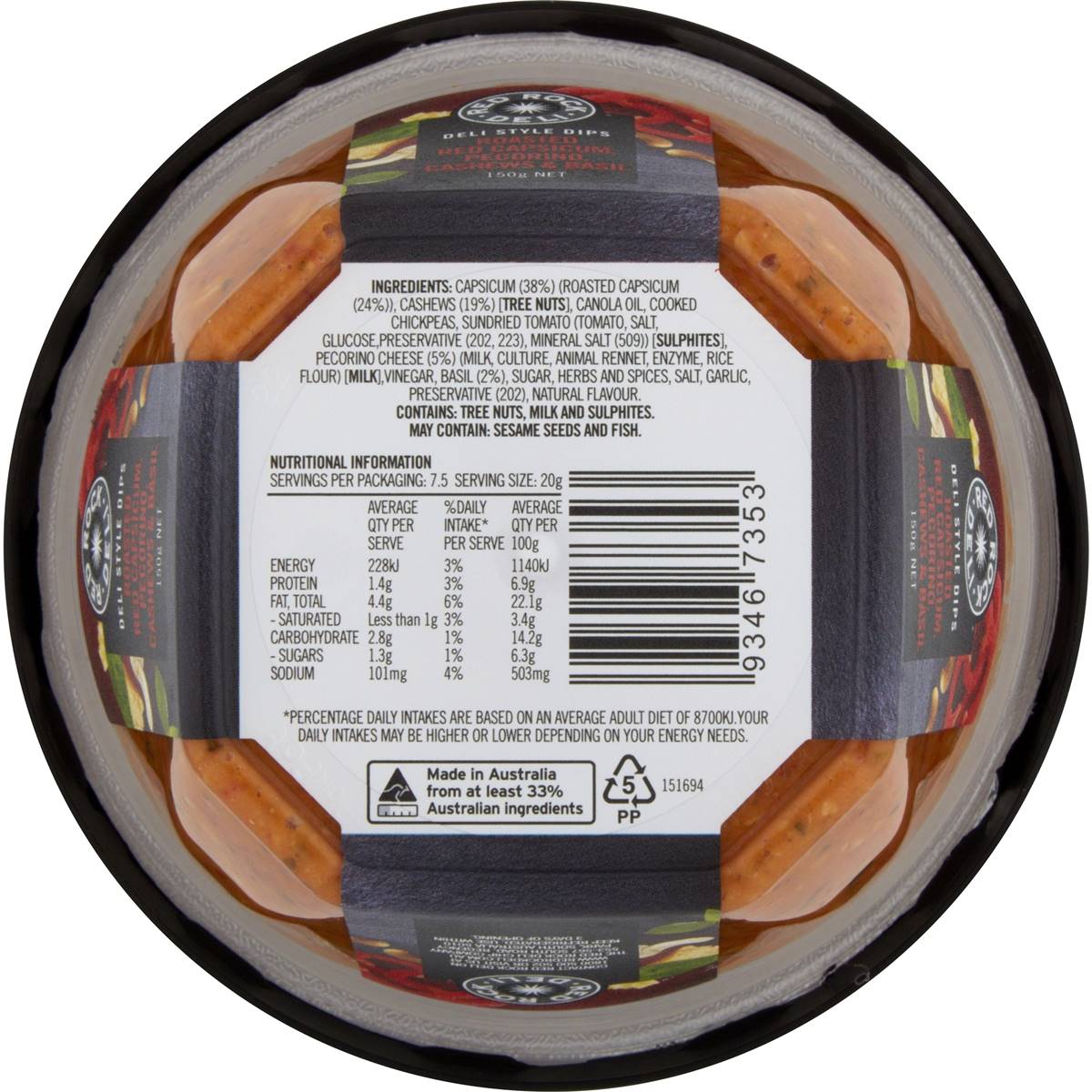 Red Rock Deli Dip Roasted Red Capsicum, Pecorino, Cashews & Basil 150g