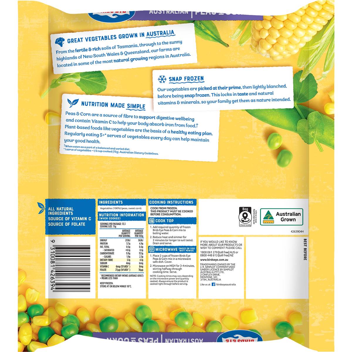 Birds Eye Australian Snap Frozen Mixed Vegetables Peas & Corn 1kg