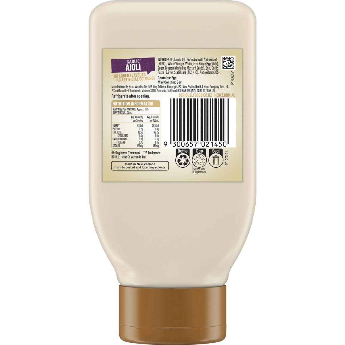 Heinz Seriously Good Garlic Aioli Mayonnaise Mayo 295ml Woolworths