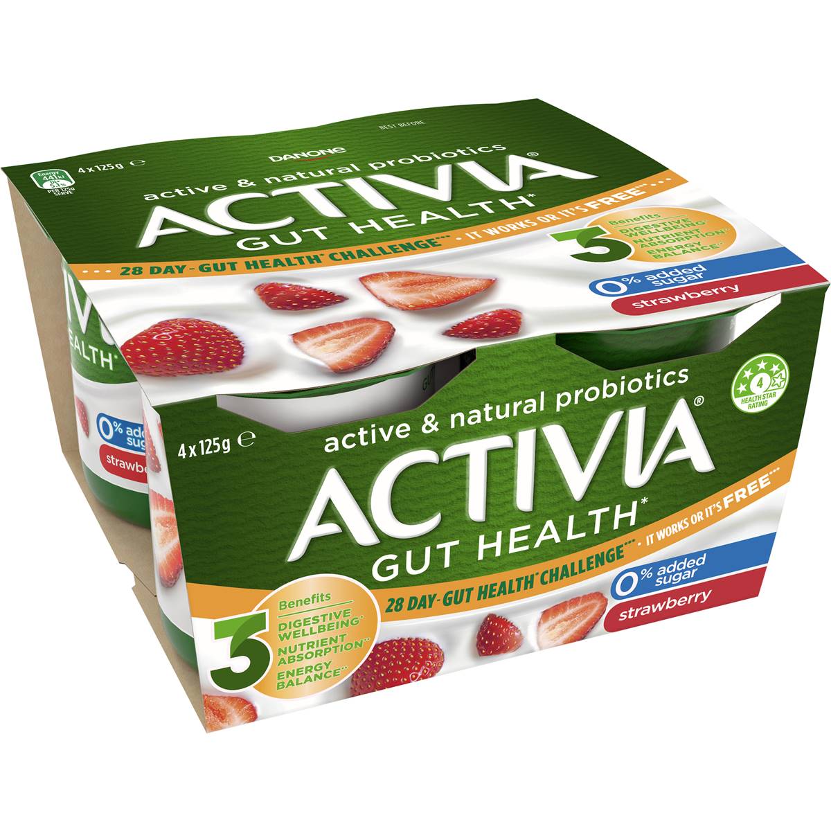 Activia Danone Probiotic Yoghurt No Added Sugar Strawberry 125g X 4 