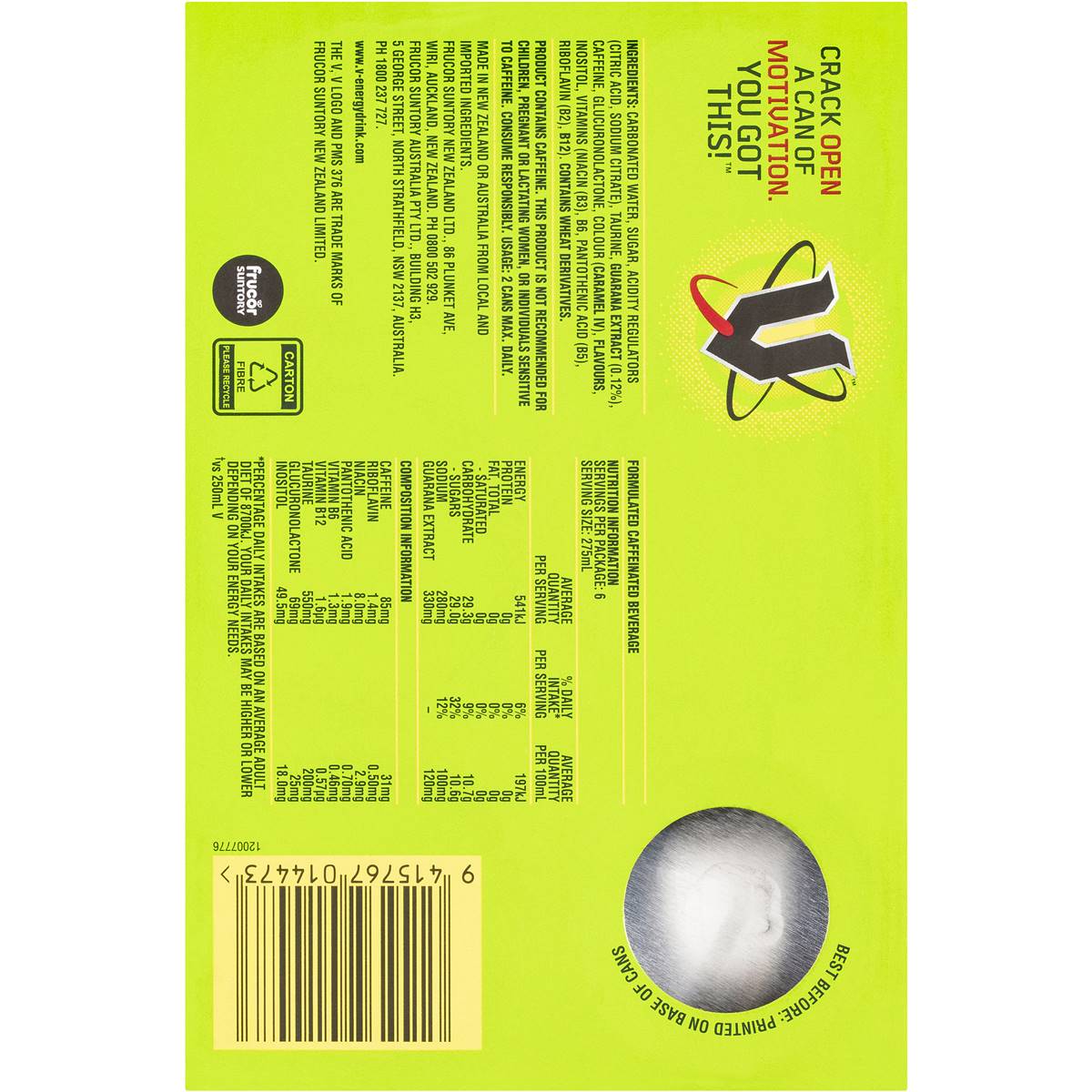 V Energy Drink 6x275ml | Woolworths