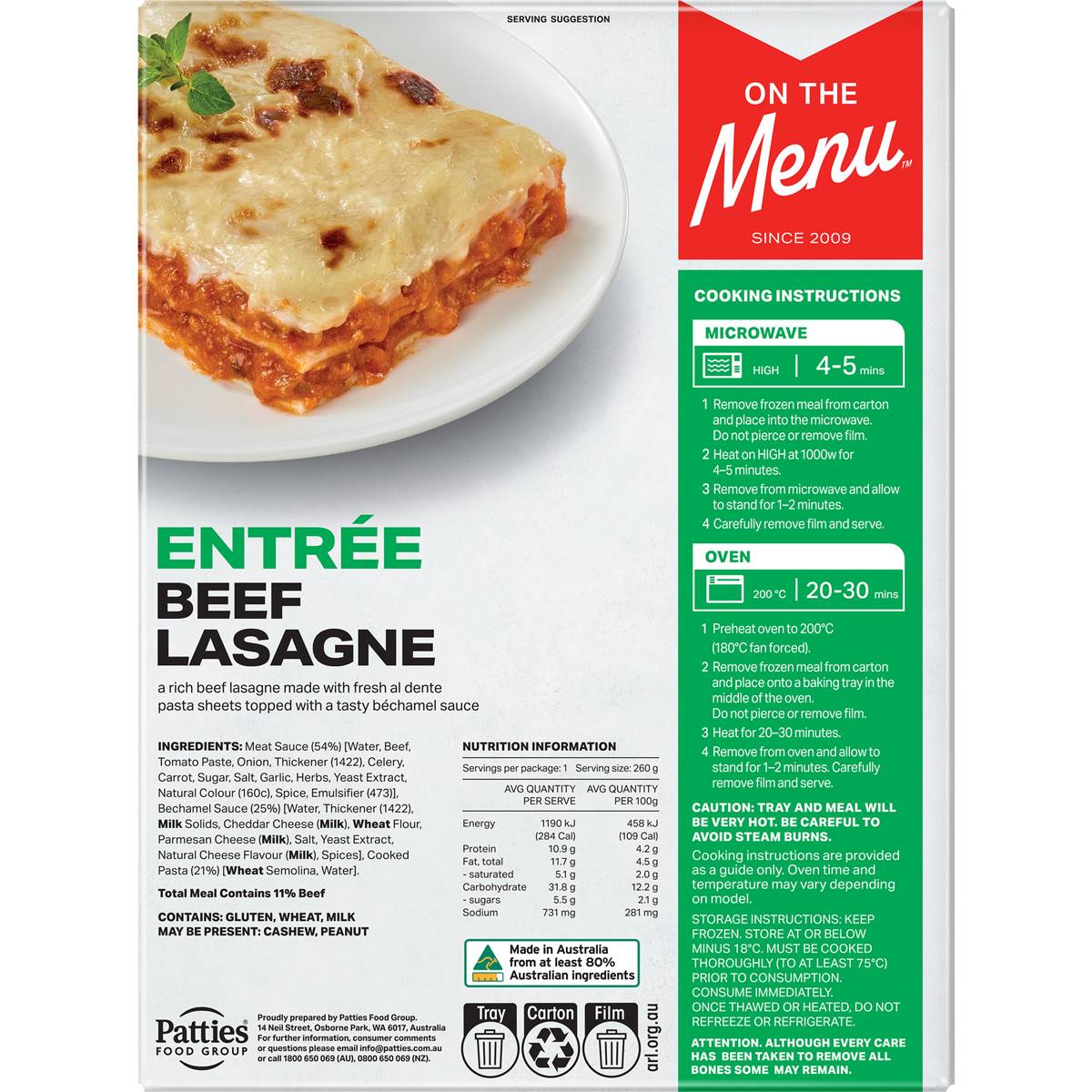 On The Menu Lasagne Beef 260g | Woolworths