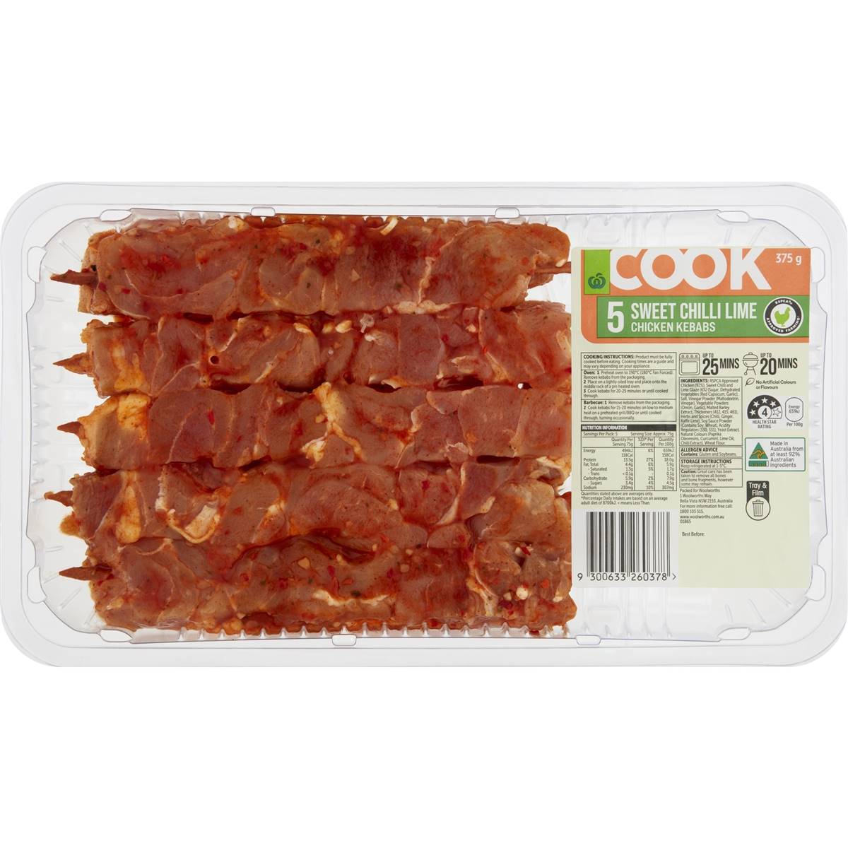 Woolworths Cook Chicken Kebab Sweet Chilli Lime 375g Woolworths