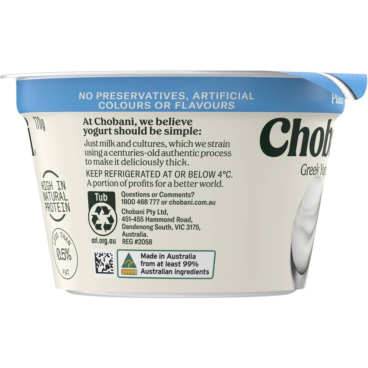 Chobani Plain 0.5 Fat Greek Yogurt 170g Woolworths