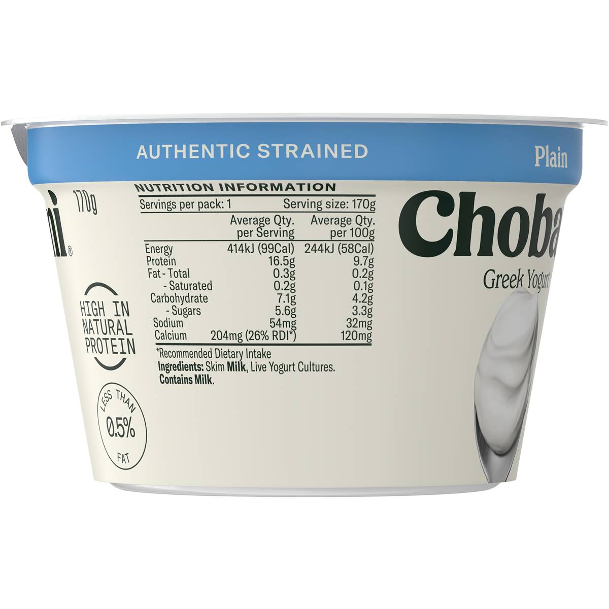 Chobani Plain 0.5 Fat Greek Yogurt 170g Woolworths